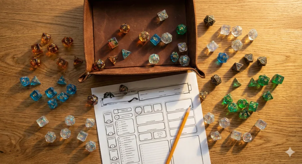 Collection de dés de jeu de rôle métal et résine sur une piste à dés