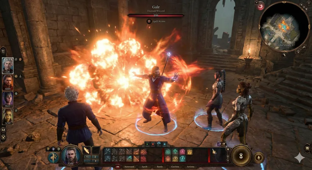 Screenshot BG3 montrant Gale lançant une boule de feu massive au milieu de ses alliés