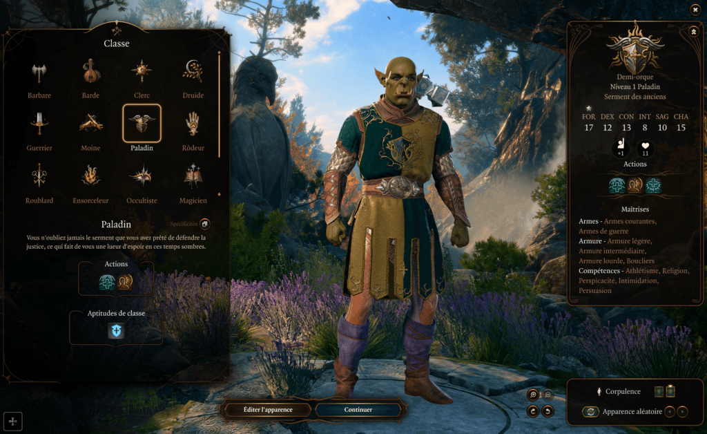 Baldur's Gate 3 meilleur build débutant - écran de création Paladin