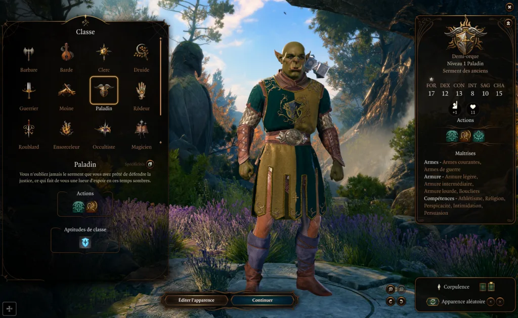 Baldur's Gate 3 meilleur build débutant - écran de création Paladin