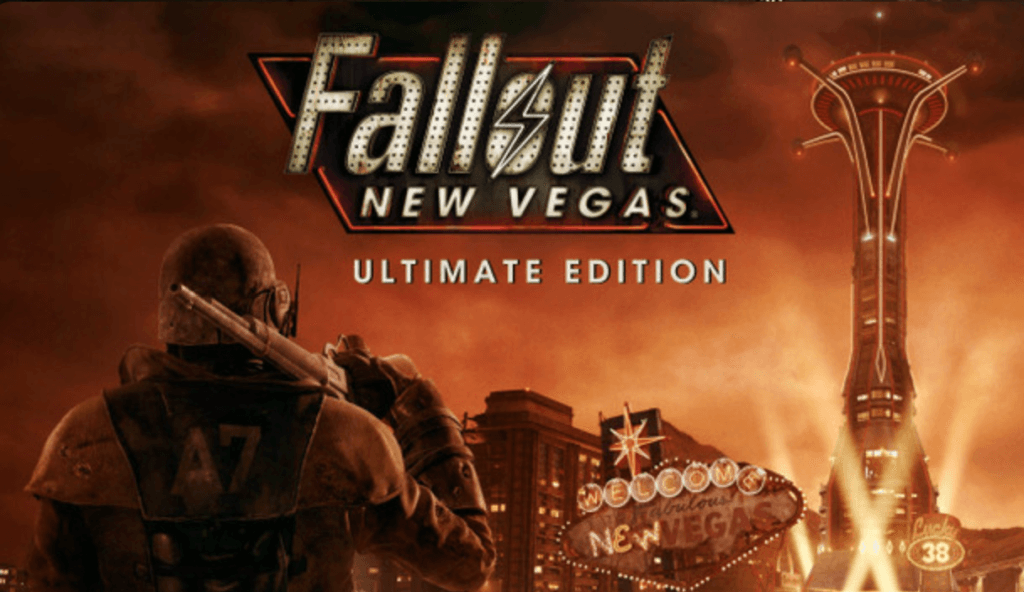 Un Ranger de la RNC avec son armure et son masque emblématique regardant le strip de New Vegas au loin