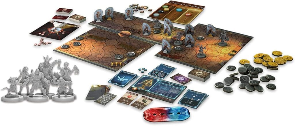 Figurines et cartes de combat posées sur le plateau de Gloomhaven