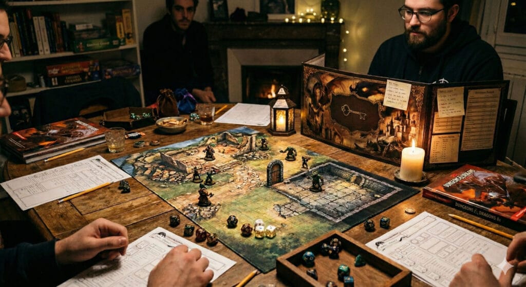 Une table de jeu de rôle avec des dés, un écran de maître du jeu et une carte de combat, ambiance tamisée.