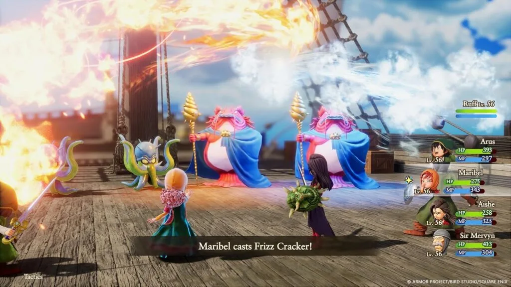 Dragon Quest VII Reimagined  Maribel sur un bateau  en combat magique coloré.