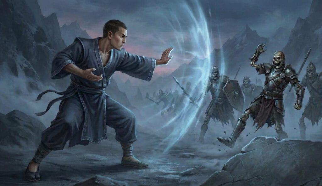 D&D Moine de la Voie de la Main Ouverte se battant contre des morts-vivants