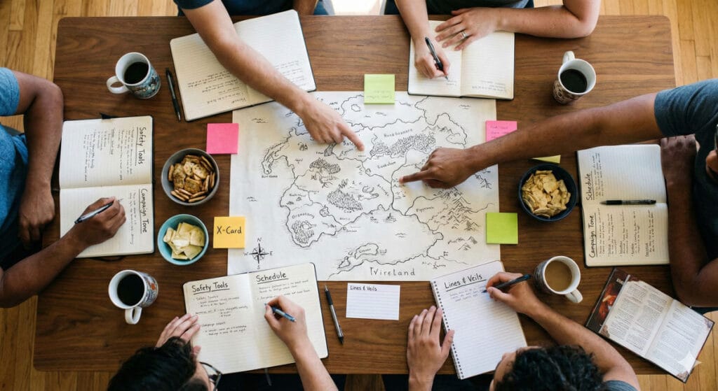 Groupe de jeu Donjons et Dragons s'organisant pour une séance