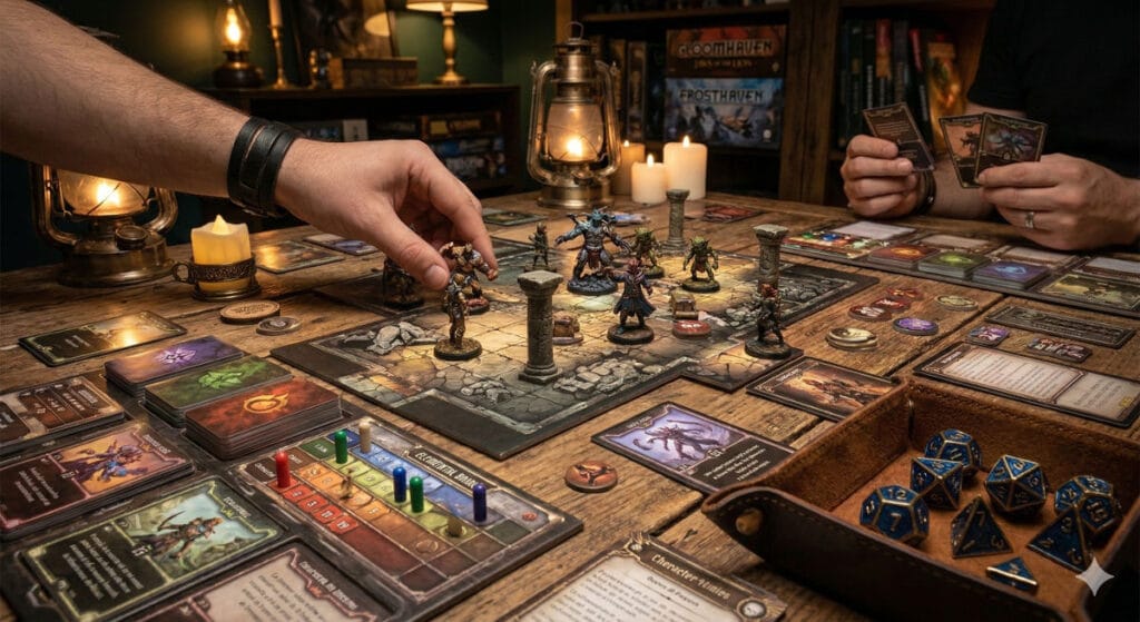 Partie de jeu de societe type Gloomhaven et Frosthaven avec accessoires JDR